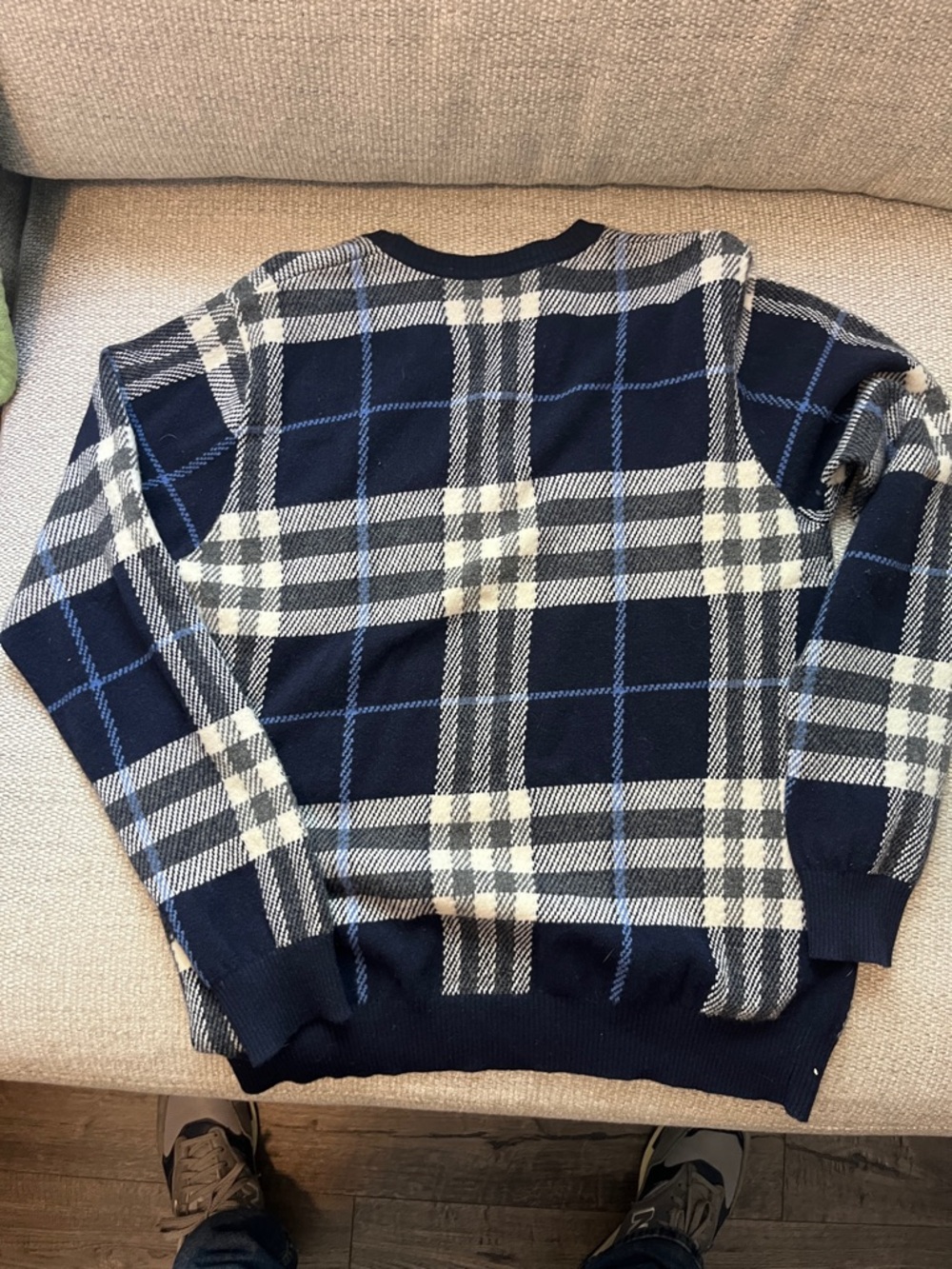Burberry Navy and White Plaid V-Neck Sweater - Picture 3 of 4